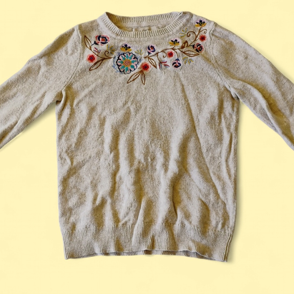 LOFT Cream Sweater with Colorful Embroidery